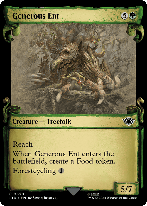 The image is a "Magic: The Gathering" trading card titled "Generous Ent [The Lord of the Rings: Tales of Middle-Earth Showcase Scrolls]." The card art depicts a towering treefolk, reminiscent of characters from The Lord of the Rings, with moss and foliage growing on it. The text reads: "Reach. When Generous Ent enters the battlefield, create a Food token. Forestcycling 1.