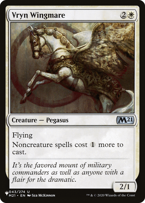 Magic: The Gathering product "Vryn Wingmare [The List]." A white Pegasus with armor flies forward. Text: "Vryn Wingmare [The List]. Creature — Pegasus. Flying. Noncreature spells cost 1 more to cast. It's the favored mount of military commanders as well as anyone with a flair for the dramatic." Power/toughness: 2/1.