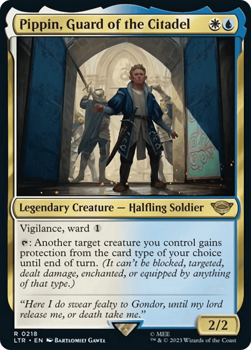 A Magic: The Gathering card from The Lord of the Rings: Tales of Middle-Earth set featuring "Pippin, Guard of the Citadel," an illustrated halfling soldier. This Legendary Creature card showcases Pippin standing boldly, with his name at the top and stats at the bottom. The text highlights his abilities and a quote about fealty to Gondor.