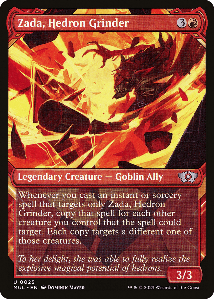 The image displays the Magic: The Gathering card "Zada, Hedron Grinder [Multiverse Legends]," a Legendary Creature. Zada, a Goblin Ally with a vivid red and fiery aesthetic, has an ability to copy instants or sorceries targeting only her to each creature you control. This 3/3 card costs 3 colorless and 1 red mana.