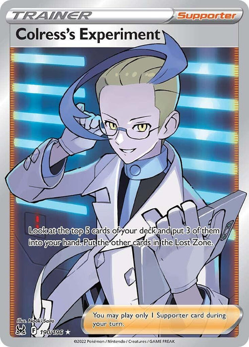 A Pokémon Trainer card titled "Colress's Experiment (190/196) [Sword & Shield: Lost Origin]" from the Lost Origin set features an anime-style character with glasses, a blue shirt, and a lab coat, holding a clipboard. This Ultra Rare Supporter card reads, "Look at the top 5 cards of your deck and put 3 of them into your hand. Put the other cards in the Lost Zone.
