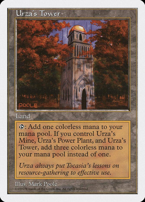 A Magic: The Gathering card titled "Urza's Tower [Fifth Edition]" illustrates a tall, light brown tower amidst autumn trees with red leaves. As a "Land" card, it adds colorless mana to your pool. This powerful addition to Urza’s Power-Plant cycle is beautifully illustrated by Mark Poole.