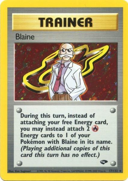 A Pokémon trading card titled "Blaine (17/132) [Gym Challenge Unlimited]" under the "Pokémon" category. The Holo Rare card features an illustration of an elderly man with sunglasses and a white lab coat against a fiery background. The card text explains Blaine's energy card attachment ability, referencing fire energy and his Pokémon from the Gym Challenge Unlimited series.