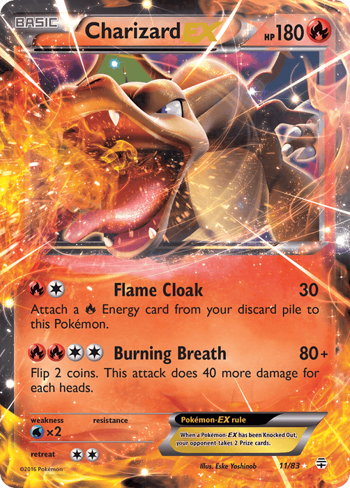 Illustrated Pokémon trading card featuring Charizard EX (11/83) [XY: Generations] with 180 HP from the Pokémon series. Charizard, surrounded by flames, has two attacks: "Flame Cloak," dealing 30 damage, and "Burning Breath," which deals 80+ damage. This ultra rare card notes weakness to water, no resistance, and a retreat cost of three energy bars.