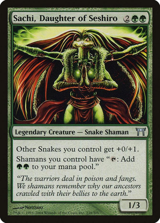A Magic: The Gathering product from the Champions of Kamigawa set titled "Sachi, Daughter of Seshiro [Champions of Kamigawa]." It depicts a green snake shaman in a ritualistic stance on a wooden platform. The card text includes bonuses for other snakes and shamans, showcasing their culture. It's a 1/3 Legendary Creature.