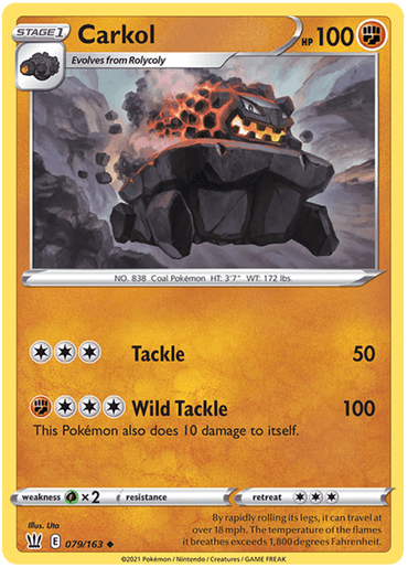 A Pokémon trading card featuring Carkol (079/163) [Sword & Shield: Battle Styles], a Rock and Fire-type Pokémon from the Sword & Shield: Battle Styles series. The card shows an illustration of Carkol, a dark, cart-like creature emitting flames and smoke, ascending a rocky path. It has 100 HP and its moves include Tackle (50 damage) and Wild Tackle (100 damage, causing Carkol 10 damage).