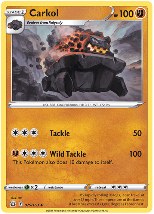 A Pokémon trading card featuring Carkol (079/163) [Sword & Shield: Battle Styles], a Rock and Fire-type Pokémon from the Sword & Shield: Battle Styles series. The card shows an illustration of Carkol, a dark, cart-like creature emitting flames and smoke, ascending a rocky path. It has 100 HP and its moves include Tackle (50 damage) and Wild Tackle (100 damage, causing Carkol 10 damage).