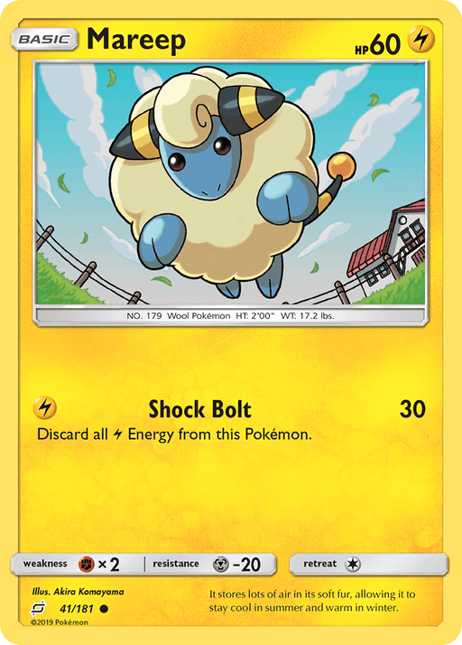 The image is of a common Mareep (41/181) [Sun & Moon: Team Up] Pokémon card from the Pokémon series. Mareep, a wool Pokémon, is depicted in the center with a fluffy white body and blue face and feet. Its tail has a yellow orb. The card has 60 HP and features the move "Shock Bolt" which deals 30 lightning damage. The background shows a rolling green landscape with a