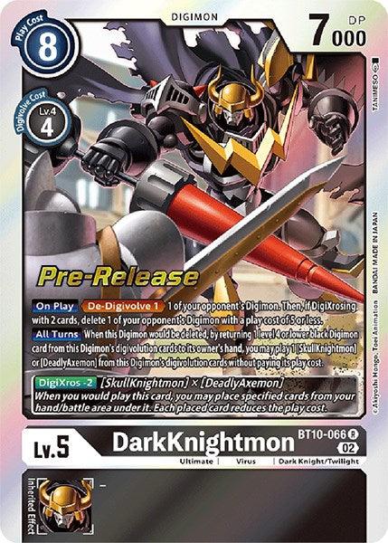 A Digimon trading card, DarkKnightmon [BT10-066] from the Xros Encounter Pre-Release series, features a striking silver background. The centerpiece of the card is a large image of DarkKnightmon wielding an immense red and silver lance. The card lists various stats, including a play cost of 8 and 7000 DP. Text at the bottom identifies it as a Level 5 Digimon from the DigiXros Xros Encounter Pre series.