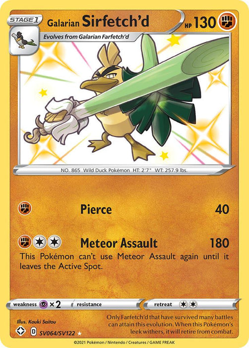 A Pokémon card for **Galarian Sirfetch'd (SV064/SV122) [Sword & Shield: Shining Fates]**, a Stage 1 evolution from Galarian Farfetch'd found in the Shining Fates set. This Ultra Rare card from **Pokémon** showcases a bird Pokémon holding a large leek as a sword and shield. It has 130 HP and two attacks: "Pierce" (40 damage) and "Meteor Assault" (180 damage) with Fire-type weakness.