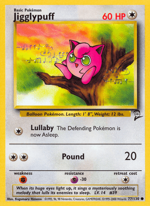 A Pokémon trading card from Base Set 2 features Jigglypuff (77/130) [Base Set 2], a pink, balloon-like creature with large blue eyes, on a tree branch against a vibrant background with musical notes. This Colorless card has 60 HP and two moves: "Lullaby," which makes the defending Pokémon asleep, and "Pound," which deals 20 damage.