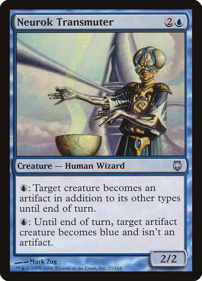 A "Neurok Transmuter [Darksteel]" Magic: The Gathering card depicts a robed Human Wizard with outstretched hands, emitting a magical aura towards a Darksteel bowl. The card is blue, costing two generic and one blue mana with a 2/2 power and toughness. It has two activated abilities altering artifact status.