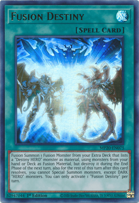 A Yu-Gi-Oh! card titled "Fusion Destiny [MP20-EN075] Ultra Rare" with blue borders and a Spell Card designation. This Ultra Rare card features two armored warriors, one in silver and the other in teal, emerging from a bright, electric portal. The text provides details on its effect and fusion summoning requirements for *Destiny HERO* monsters.