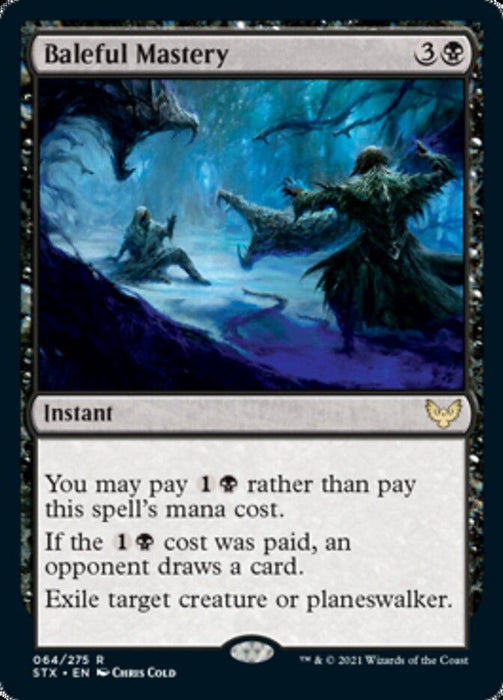 Magic: The Gathering product named "Baleful Mastery [Strixhaven: School of Mages]". This rare instant features eerie, ghost-like figures in a dark, misty forest. Card text explains an alternative cost and the effect of exiling a target creature or planeswalker. The artwork is by Chris Cold.