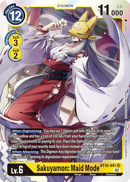 Sakuyamon: Maid Mode [BT10-041] [Xros Encounter] is a Super Rare Digimon trading card. It features Sakuyamon in white robes with red accents, holding a staff and surrounded by mystical energy. The card details, including level, play cost, and abilities, are displayed on the left and bottom.