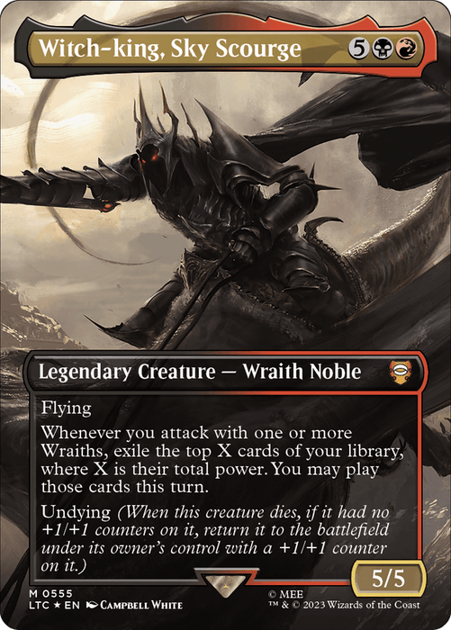 A Magic: The Gathering card titled "Witch-king, Sky Scourge (Borderless) (Surge Foil) [The Lord of the Rings: Tales of Middle-Earth Commander]." This Legendary Creature - Wraith Noble from The Lord of the Rings set has a mana cost (5)(B)(R). The dark, armored figure wields a sword and boasts abilities tied to attacking with Wraiths and returning from the graveyard. Power/toughness: 5/5.