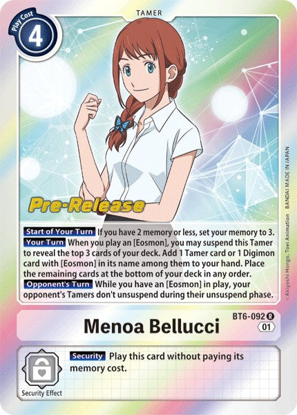 The image displays a Digimon card featuring Menoa Bellucci [BT6-092] from the 