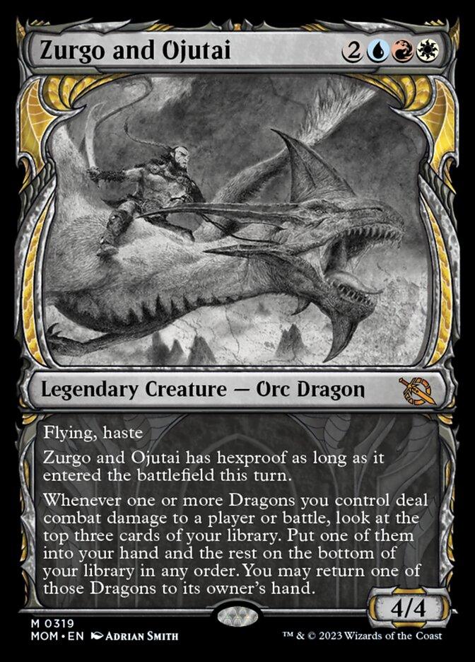 A Magic: The Gathering card titled "Zurgo and Ojutai (Showcase Planar Booster Fun) [March of the Machine]." It depicts an Orc Dragon riding a dragon in grayscale. The card, at mythic rarity, features colors blue, red, and white with a background of ornate patterns. As a Legendary Creature – Orc Dragon, it boasts 4 power and 4 toughness with flying and haste abilities.