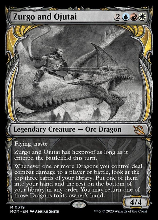 A Magic: The Gathering card titled "Zurgo and Ojutai (Showcase Planar Booster Fun) [March of the Machine]." It depicts an Orc Dragon riding a dragon in grayscale. The card, at mythic rarity, features colors blue, red, and white with a background of ornate patterns. As a Legendary Creature – Orc Dragon, it boasts 4 power and 4 toughness with flying and haste abilities.