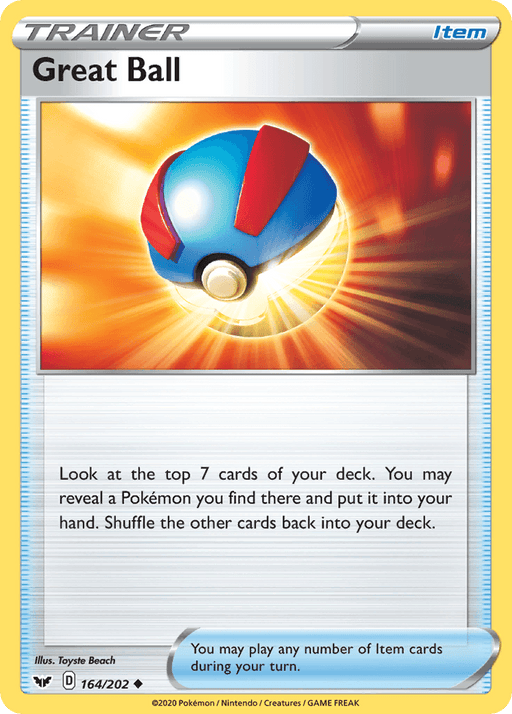 The image is of an uncommon Pokémon trading card from the Sword & Shield series named "Great Ball (164/202) [Sword & Shield: Base Set]" by Pokémon. It features an illustration of a Great Ball, which is blue with red and white details, radiating light against an orange and yellow background. The card text describes its ability to search the top seven cards of your deck for a Pokémon.