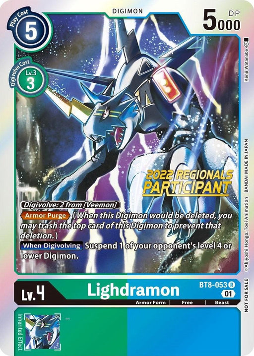 A Digimon card featuring Lighdramon [BT8-053] (2022 Championship Offline Regional) (Online Participant) [New Awakening Promos]. The top left corner shows a blue play cost of 5, a green level cost of 3, and a blue Digimon level of 4. The illustration depicts Lighdramon with electricity. The bottom section includes "2022 Regionals Participant," the card info, stats: 5,000 DP, and Armor Purge from New Digimon.