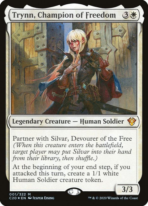 Trynn, Champion of Freedom [Commander 2020]," a Legendary Creature from Magic: The Gathering, costs 3W to cast and is a Human Soldier with power/toughness 3/3. It partners with "Silvar, Devourer of the Free." At the beginning of your end step, if you attacked this turn, create a 1/1 white Human Soldier creature token.