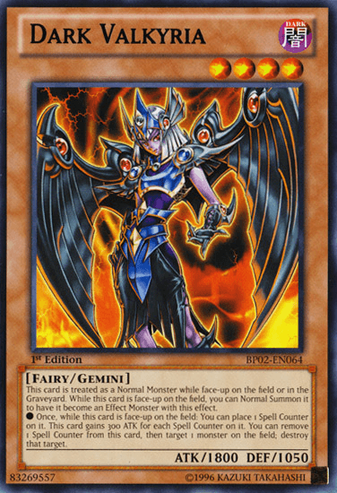 A Yu-Gi-Oh! trading card titled "Dark Valkyria [BP02-EN064] Mosaic Rare." The card shows a female warrior with dark armor, purple wings, a horned helmet, and glowing effects around her hands. This Gemini Monster boasts 1800 attack points and 1050 defense points. It is of the Fairy type and is a 1st Edition.