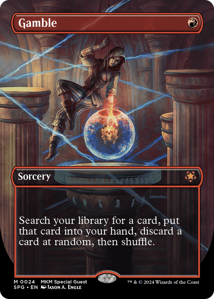 The Magic: The Gathering card titled "Gamble (Borderless) [Murders at Karlov Manor Special Guests]." The illustration depicts a cloaked figure manipulating a glowing, fiery orb above a pedestal inside a grand, ancient hall. Blue energy lines crisscross around the orb. This mythic sorcery instructs players to search the library, draw, discard randomly, then shuffle.