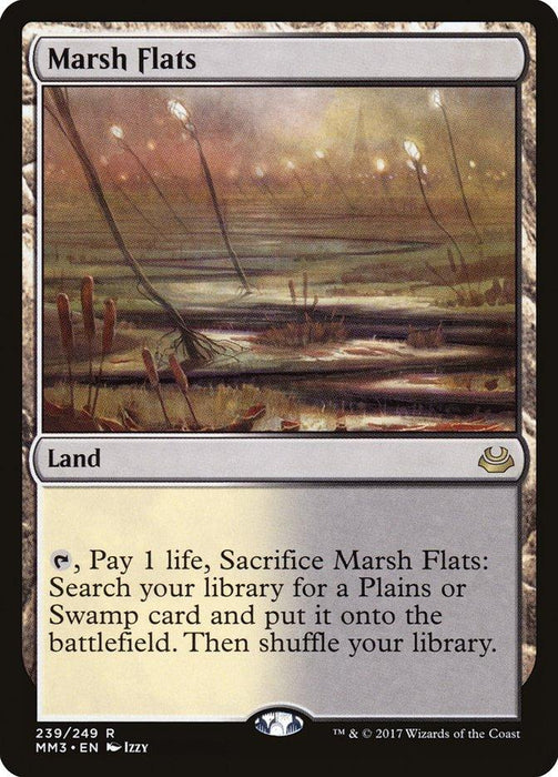 The image depicts the Marsh Flats [Modern Masters 2017] Magic: The Gathering card. This rare land card features a foggy, marshy landscape with small, floating lights. Its ability allows the player to pay 1 life, sacrifice Marsh Flats [Modern Masters 2017], search their library for a Plains or Swamp card, and put it onto the battlefield, then shuffle their library.