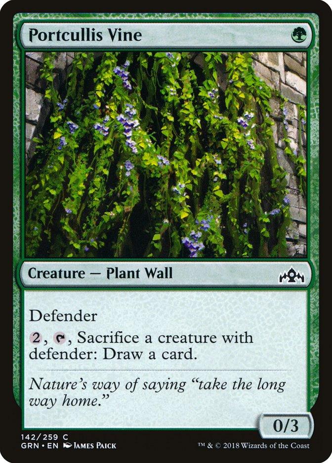 A Magic: The Gathering card from Guilds of Ravnica, Portcullis Vine [Guilds of Ravnica], depicts a green wall covered in vines and purple flowers. This green Creature Plant Wall has a cost of one green mana, 0 power, 3 toughness, and defender abilities. Flavor text reads, 