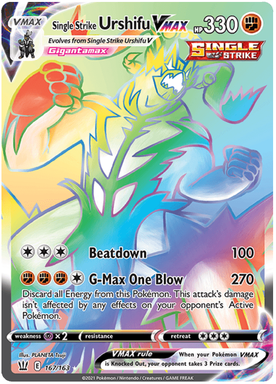 A colorful trading card featuring Single Strike Urshifu VMAX (167/163) [Sword & Shield: Battle Styles] by Pokémon with 330 HP. This Secret Rare card showcases a rainbow-hued Urshifu in a fierce pose. Part of the Sword & Shield Battle Styles series, it includes 