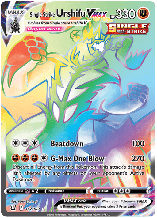 A colorful trading card featuring Single Strike Urshifu VMAX (167/163) [Sword & Shield: Battle Styles] by Pokémon with 330 HP. This Secret Rare card showcases a rainbow-hued Urshifu in a fierce pose. Part of the Sword & Shield Battle Styles series, it includes "Beatdown" for 100 damage and "G-Max One Blow" for 270 damage, set against a stylized design background.