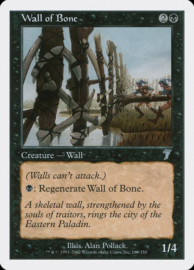 The Magic: The Gathering card Wall of Bone [Seventh Edition] depicts a skeletal wall composed of bones intertwined with dark energy, set against a desolate landscape. In the background, two armored figures are visible. This Skeleton Wall costs two generic and one black mana to cast, has power 1 and toughness 4, and features the abilities 