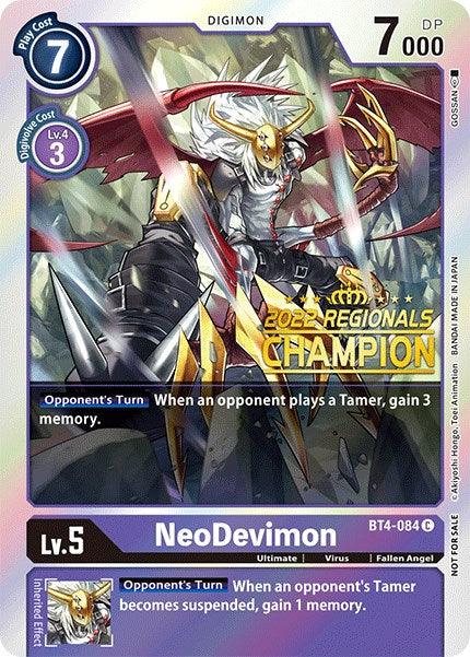 A Digimon trading card from the Great Legend Promos series, featuring NeoDevimon [BT4-084] (2022 Championship Online Regional), showcases a sinister figure with white hair and red eyes, clad in black and golden armor, extending its clawed hand. The text highlights its abilities and the Regional Championship. This Level 5 card costs 7 with a DP of 7000.