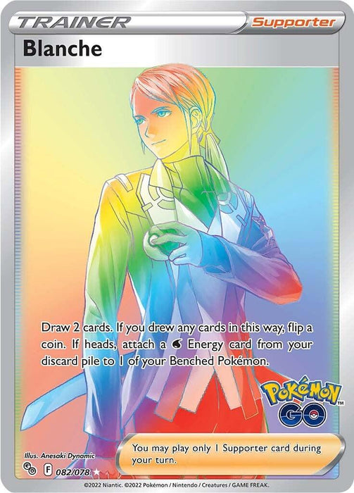 A Pokémon GO trading card featuring Blanche (082/078) [Pokémon GO], a Secret Rare Trainer-Supporter character by Pokémon. Blanche is depicted with a contemplative expression, holding a glass with a PokéBall symbol. The text gives instructions on drawing cards and attaching energy, accompanied by vibrant, rainbow-gradient artwork in the background.