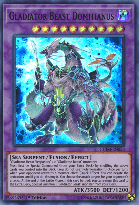 A Yu-Gi-Oh! trading card depicting Gladiator Beast Domitianus [CHIM-EN033] Super Rare, a Fusion Monster featured in Chaos Impact. The card shows a sea serpent warrior with purple and blue scales, wielding a trident and shield. It has detailed artwork framed in purple with text detailing its summoning and effect abilities. ATK/3500 DEF/1200.