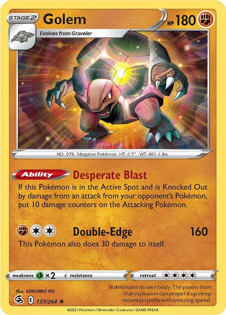 The image is of a **Pokémon** trading card from the **Sword & Shield: Fusion Strike** series, featuring **Golem (137/264) [Sword & Shield: Fusion Strike]**. It evolves from Graveler and has 180 HP. Golem has a 