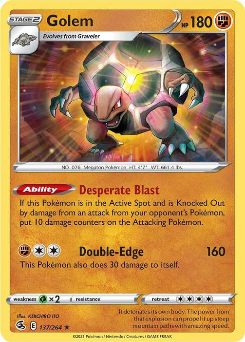 The image is of a **Pokémon** trading card from the **Sword & Shield: Fusion Strike** series, featuring **Golem (137/264) [Sword & Shield: Fusion Strike]**. It evolves from Graveler and has 180 HP. Golem has a "Desperate Blast" ability and a move called "Double-Edge," which does 160 damage but also injures itself. The card has a yellow border and number 137/264 at the bottom left.