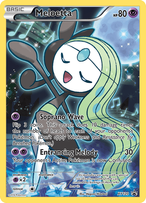 A Pokémon trading card featuring Meloetta (XY120) [XY: Black Star Promos] with 80 HP. Meloetta, a Psychic type, has flowing green hair, a white face with a musical note on its forehead, and black arms and dress. The card's attacks include Soprano Wave and Entrancing Melody. This Black Star Promo is framed in yellow with a shimmering, musical-themed background.
