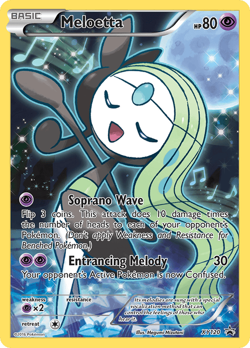 A Pokémon trading card featuring Meloetta (XY120) [XY: Black Star Promos] with 80 HP. Meloetta, a Psychic type, has flowing green hair, a white face with a musical note on its forehead, and black arms and dress. The card's attacks include Soprano Wave and Entrancing Melody. This Black Star Promo is framed in yellow with a shimmering, musical-themed background.
