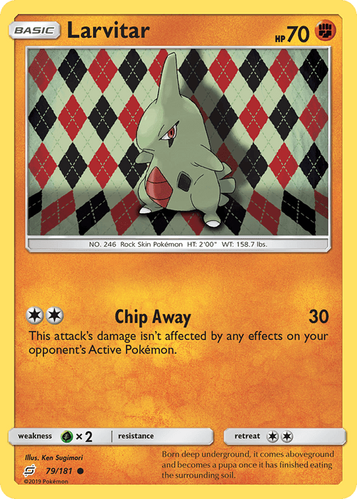 The Pokémon card for Larvitar (79/181) [Sun & Moon: Team Up], part of the Pokémon series, features 70 HP with a red, black, and white diamond-patterned background. This Fighting Type knows the move "Chip Away," dealing 30 damage unaffected by opponent effects. As a Common Rarity card, it's numbered 79/181 and details Larvitar's evolutionary process at the bottom.
