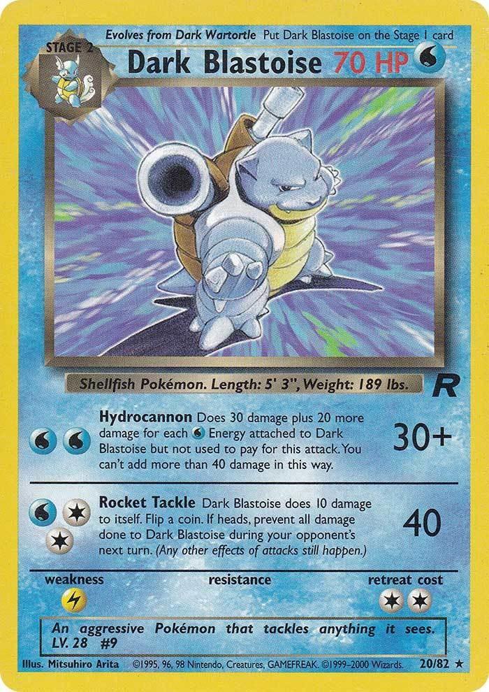 A rare Pokémon trading card featuring Dark Blastoise (20/82) [Team Rocket Unlimited] with 70 HP. The water type card showcases Blastoise, a blue turtle-like creature with water cannons on its back. Its moves are "Hydrocannon" and "Rocket Tackle." This Team Rocket Unlimited edition includes Shellfish Pokémon details and a retreat cost of 3.