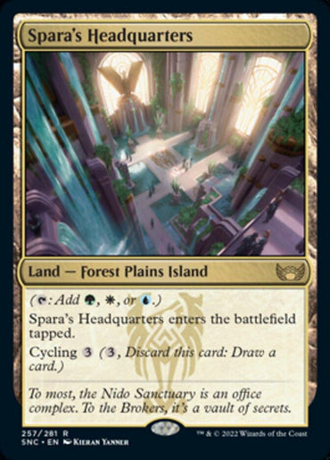 The image displays a Magic: The Gathering card named "Spara's Headquarters [Streets of New Capenna]," featured in the Streets of New Capenna set. It's a Rare Land card with types Forest, Plains, and Island, capable of adding green, white, or blue mana. The card artwork shows a luxurious, sunlit office with plants and intricate architecture.