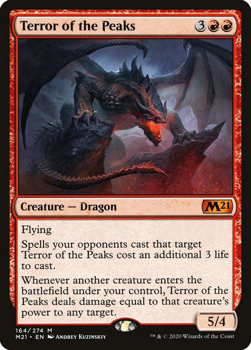 A Magic: The Gathering card from Core Set 2021 titled "Terror of the Peaks [Core Set 2021]." This red Creature — Dragon requires a casting cost of 3 generic mana and 2 red mana. With a power/toughness of 5/4, it has flying and increases the cost of opponent's spells targeting it.