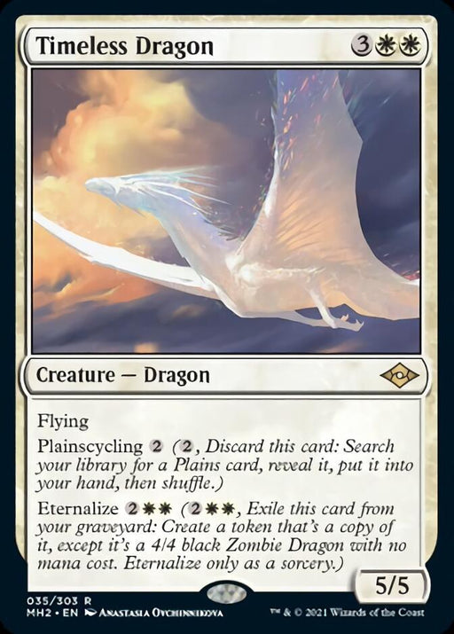 The image is of a Magic: The Gathering card titled Timeless Dragon [Modern Horizons 2]. The card costs 3 generic mana and 2 white mana to play. It depicts a white and blue dragon soaring in a cloudy sky, boasting Flying, Plainscycling, and Eternalize abilities. The card is a 5/5 Creature — Dragon.