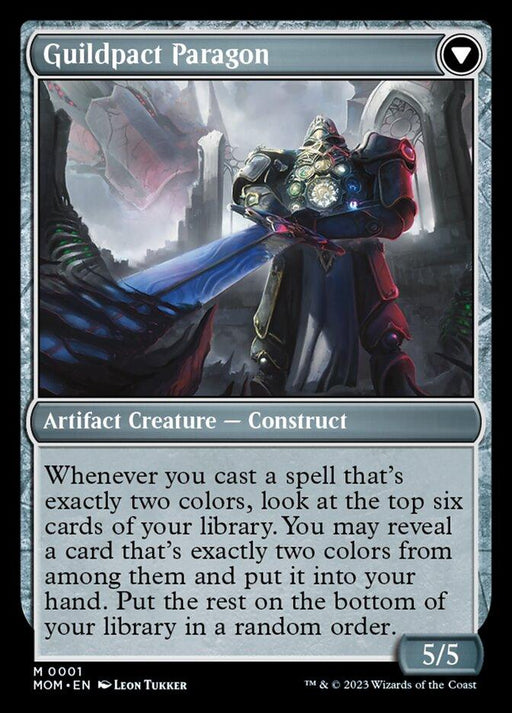 A Magic: The Gathering card titled "Invasion of Ravnica // Guildpact Paragon [March of the Machine]," featuring detailed artwork of a powerful, armored construct glowing with blue and red elements. This Mythic Artifact Creature - Construct boasts power and toughness 5/5, with an ability triggered by casting two-color spells.