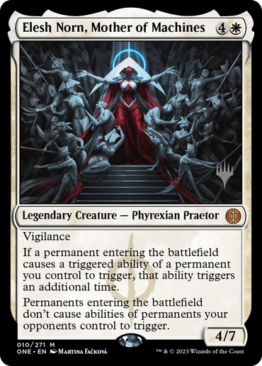 Illustrated Magic: The Gathering card titled "Elesh Norn, Mother of Machines (Promo Pack) [Phyrexia: All Will Be One Promos]." As a Legendary Creature and Phyrexian Praetor from the Magic: The Gathering set, the art depicts a formidable, white-robed figure with splayed arms, standing amidst numerous bowing figures. The card details its abilities, including vigilance and prevention of opponents' triggered