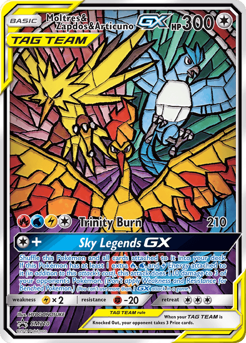 A Moltres & Zapdos & Articuno GX (SM210) [Sun & Moon: Black Star Promos] card from the Sun & Moon series featuring Moltres, Zapdos, and Articuno in a stunning stained-glass style. This Pokémon Tag Team GX card boasts 300 HP, with moves like "Trinity Burn" (210 damage) and "Sky Legends GX," plus Colorless weakness, resistance, and retreat costs noted.