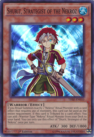 An illustration of the Yu-Gi-Oh! card "Shurit, Strategist of the Nekroz [THSF-EN010] Super Rare." It features Shurit, a character with spiky red hair and blue eyes in a confident pose. The character is wearing a green and gold-trimmed coat, with a circular, glowing blue symbol behind them. Various stats and effects are listed in the text below the illustration.