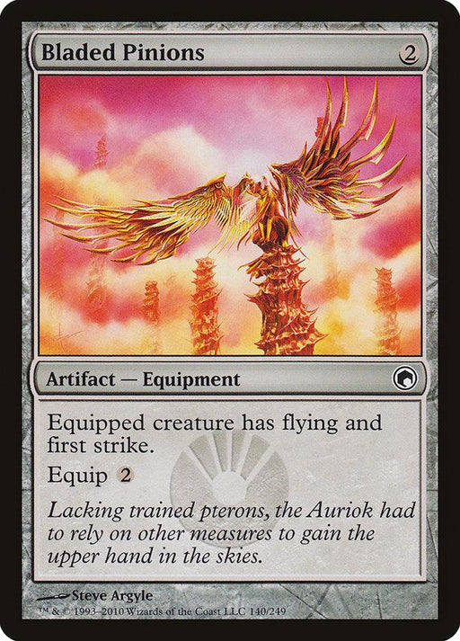 A "Bladed Pinions [Scars of Mirrodin]" Magic: The Gathering card from the Scars of Mirrodin set. The artwork depicts a fiery sky with a winged creature made of bladed metal soaring above spiked towers. This artifact equipment provides flying and first strike to an equipped creature, with an equip cost of 2 colorless mana.